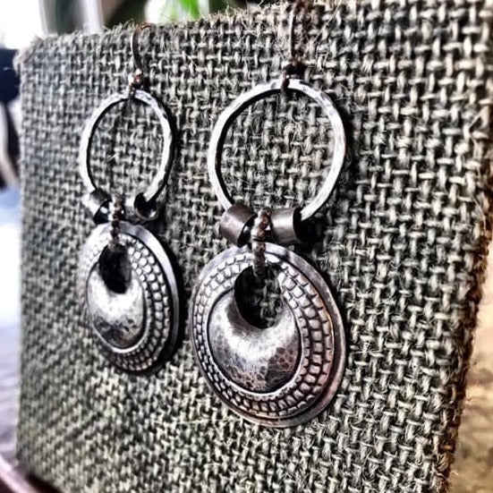 Long silver platelet online earrings with embossed surface