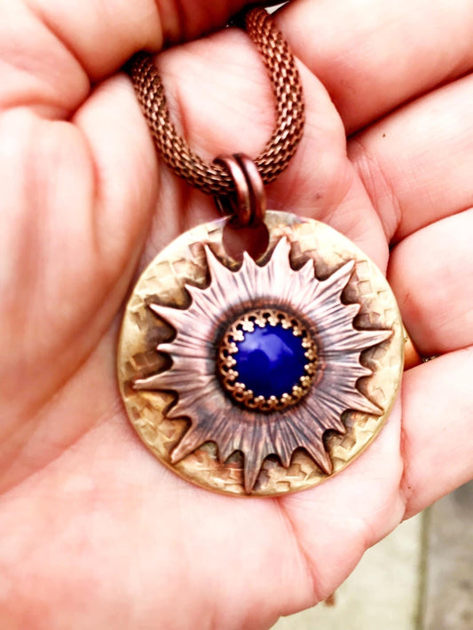 Enameled Copper and Brass Pendant Necklace